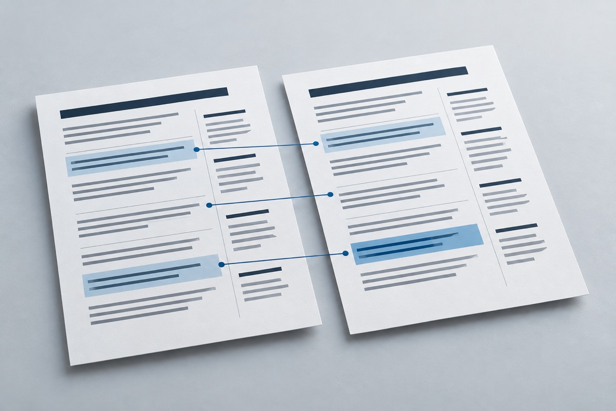 Illustration of two documents with corresponding sections linked and differences highlighted in blue.